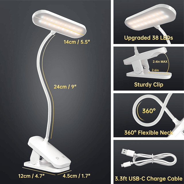 Lámpara de escritorio con pilas, luz de lectura recargable U