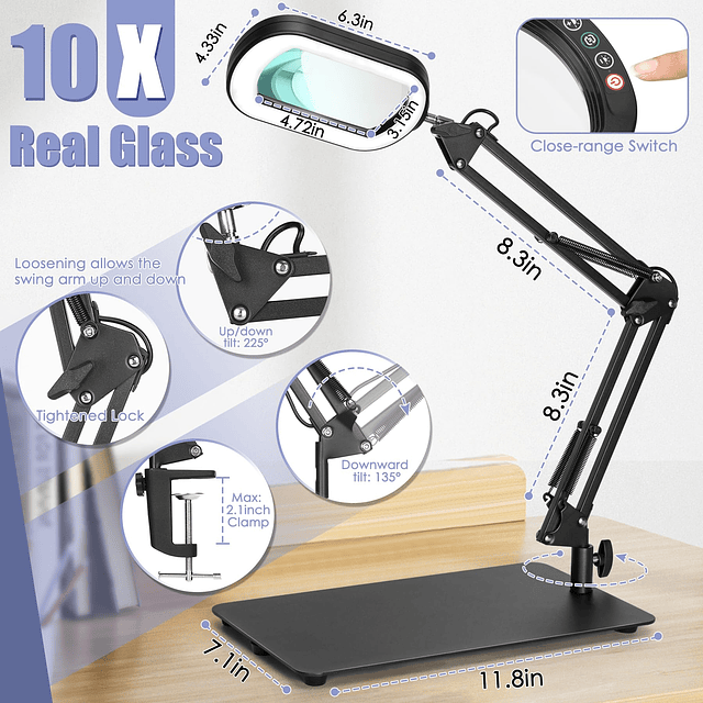 Lupa cuadrada 10X con luz y soporte, lupa con luz LED de vid