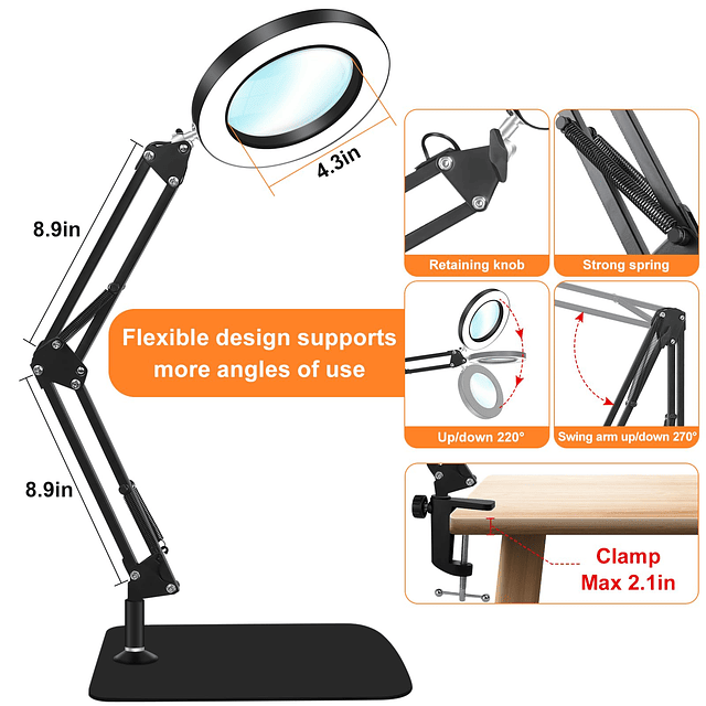 Lupa 10X con luz y soporte, atenuador, brazo oscilante ajust