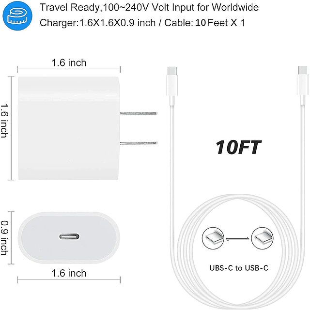 Cargador USB C de 10 pies para iPhone 15 de carga rápida, bl