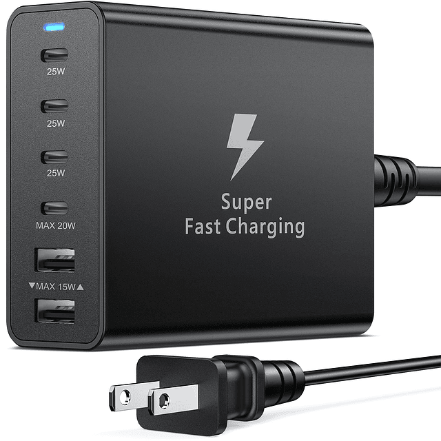 Bloque de cargador USB C, 125W 6 puertos Cargador súper rápi