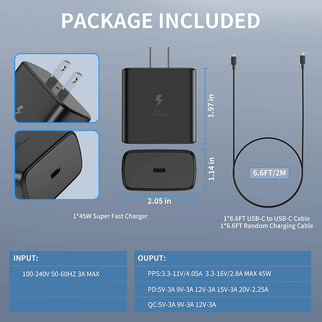 Cargador de pared USB C de 45 W para Samsung Galaxy S23 Ultr
