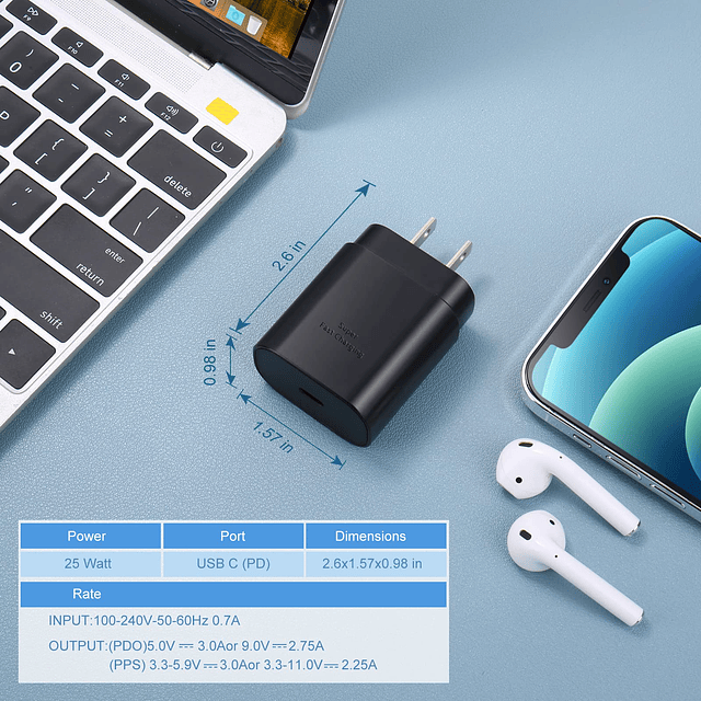 Cargador de pared USB C, 25 W cargador de pared de carga súp