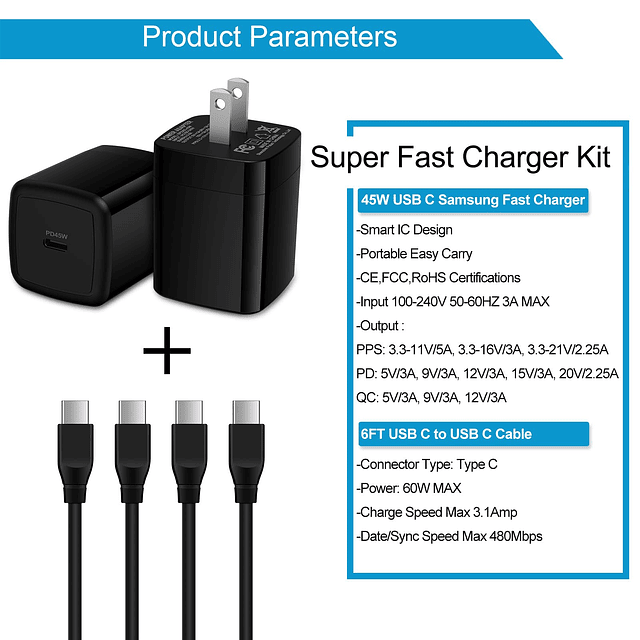 Cargador súper rápido Samsung de 45 W tipo C para Samsung Ga