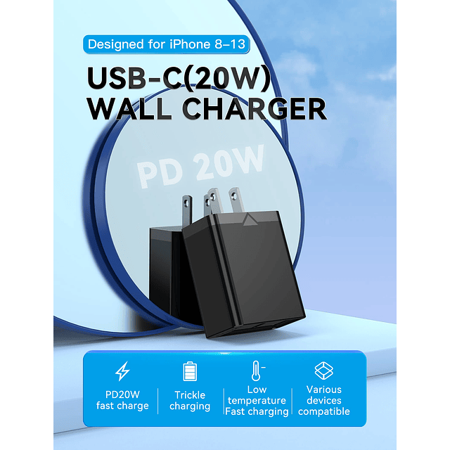 Cargador de pared USB-C de 20 W para iPhone 14/13/12/11 Pro