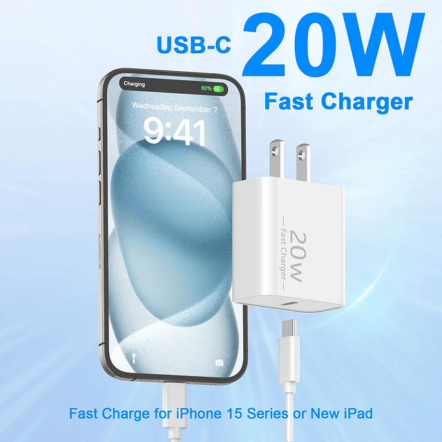 Cargador rápido USB C de 20 W para iPhone 16/16 Plus/16 Pro/