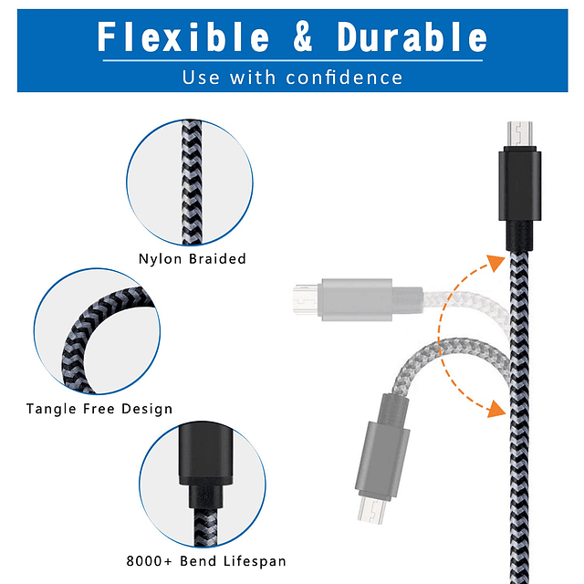 Cable cargador Android, cable micro USB, paquete de 2/6 pies