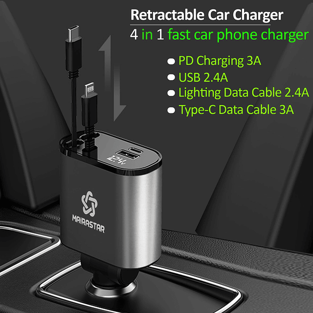 Cargador de coche USB C retráctil 4 en 1, 120 W con cable ti