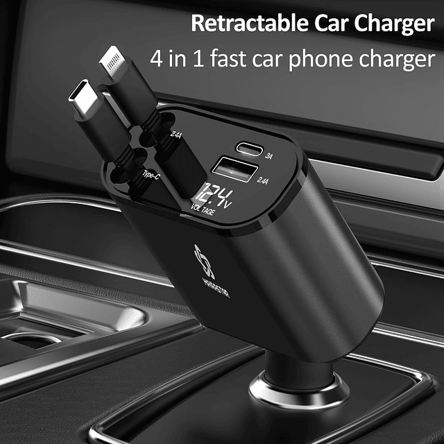 Cargador de coche USB C retráctil 4 en 1, 120 W con cable ti