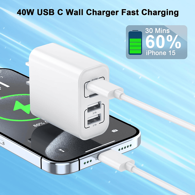 Cargador de carga rápida para iPhone 15 de 40 W, paquete de