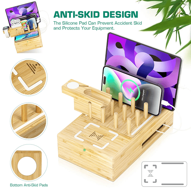Estación de carga inalámbrica de bambú para múltiples dispos