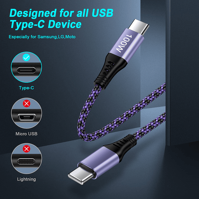 Cable USB C de 100 W/5 A PD de carga rápida tipo C a tipo C