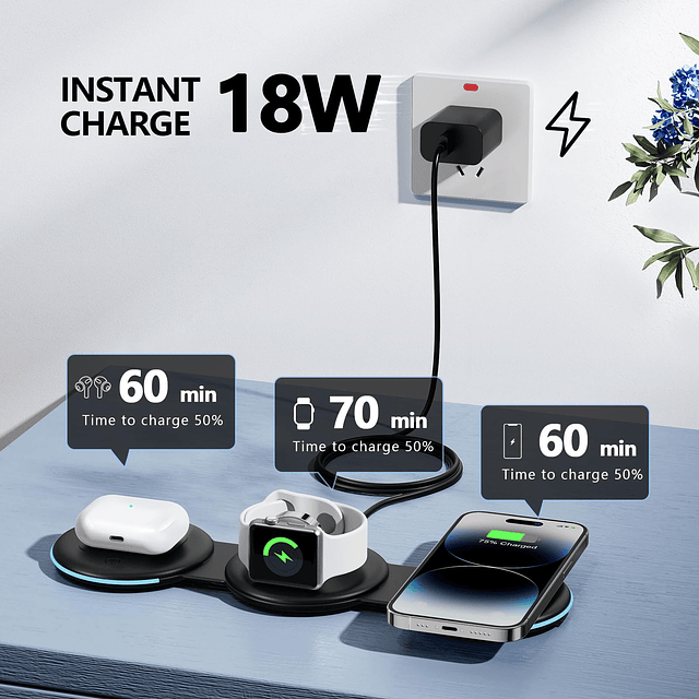 Cargador inalámbrico 3 en 1 - Soporte magnético plegable par