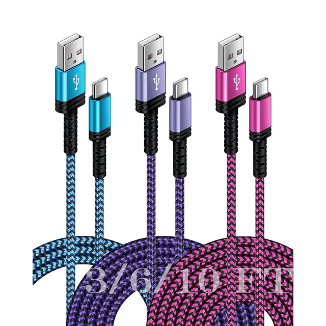 Paquete de 3 cables de carga USB C de 3/6/10 pies de carga r