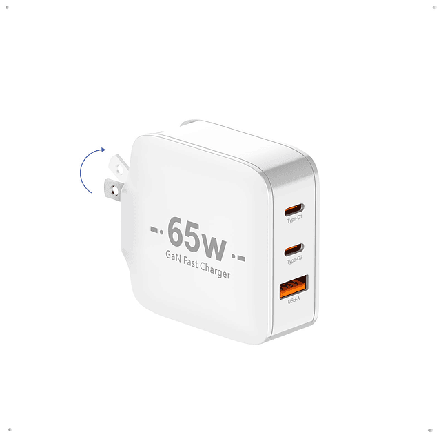 Cargador USB C de 65 W, Bloque de cargador GaN de 3 puertos