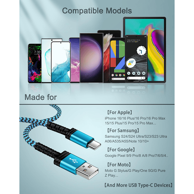 Paquete de 3 cables de carga USB C de 3/6/10 pies de carga r