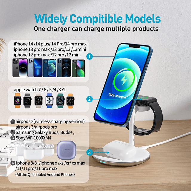 Estación de carga inalámbrica magnética 3 en 1 de aleación d