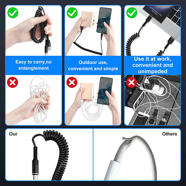 Cable retráctil USB A a USB C en espiral automático de carga