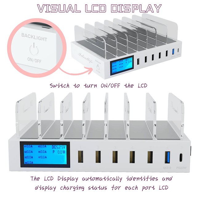 Estación de carga Dock para cargador USB de 7 puertos, 70 W