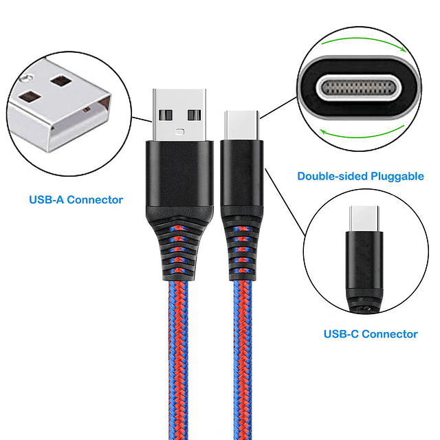 Cable de carga rápida USB A a tipo C, paquete de 2 cables de