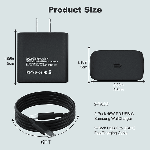 Cargador Samsung de 45 W, paquete de 2 USB C, cargador de ca