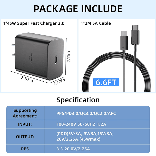 Enchufe de cargador USB C de 45 W para Samsung, cargador PPS