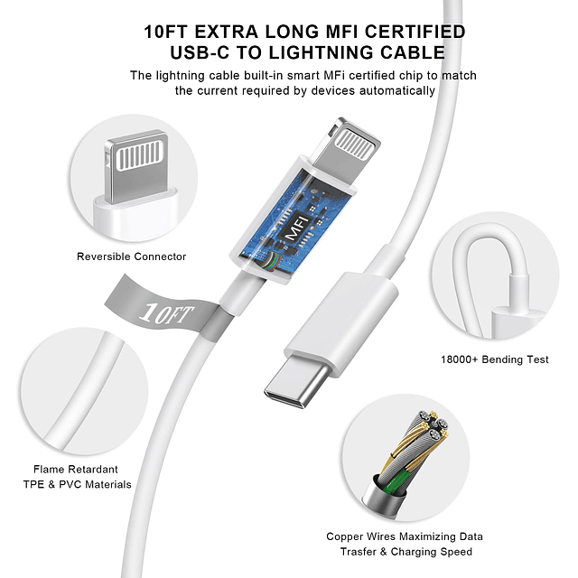 Cargador rápido para iPhone de 10 pies, certificado MFi, paq