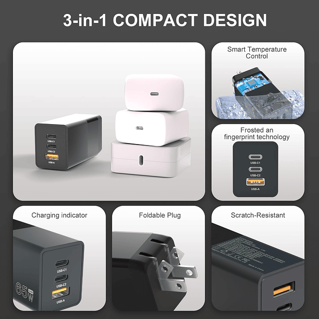 Cargador USB-C GaN de 65 W, adaptador plegable de 3 puertos