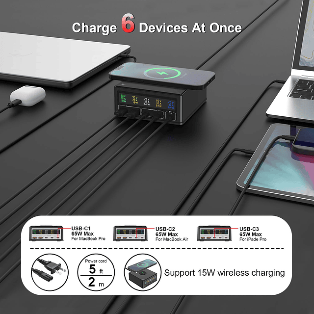 Estación de carga USB C de 160 W, 5 puertos PD 3.0 65 W USB