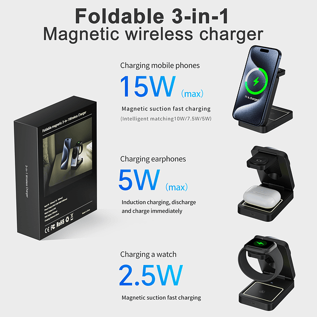 Cargador inalámbrico plegable 3 en 1 para iPhone, soporte de