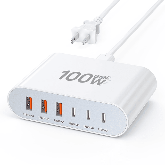 Bloque de cargador rápido USB C de 100 W Compacto GaN 6 puer