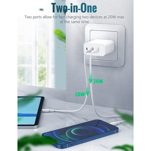 Cargador USB C de 40 W, enchufe de pared USB C dual de 20 W,