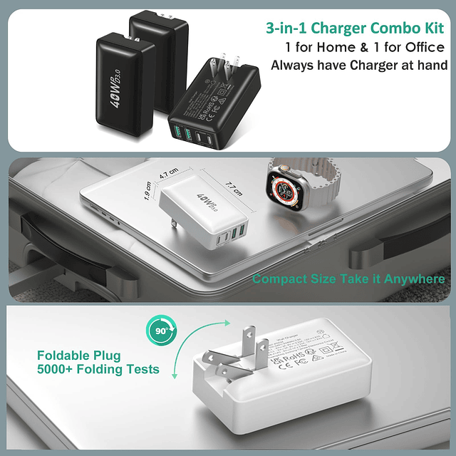 Paquete de 3 cargadores de pared USB C planos, bloque de car