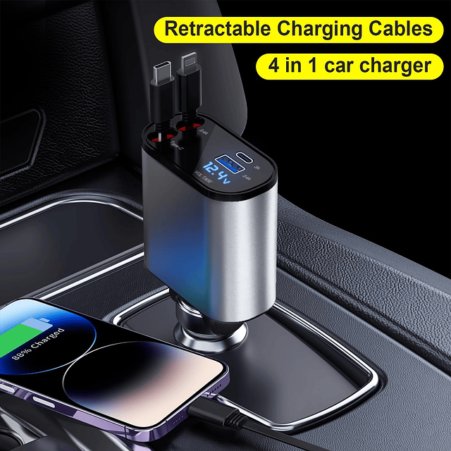 Cargador de coche retráctil, cargador de coche USB C 4 en 1