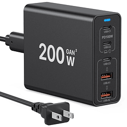 Cargador USB C, 200 W, estación de carga USB de 5 puertos, a