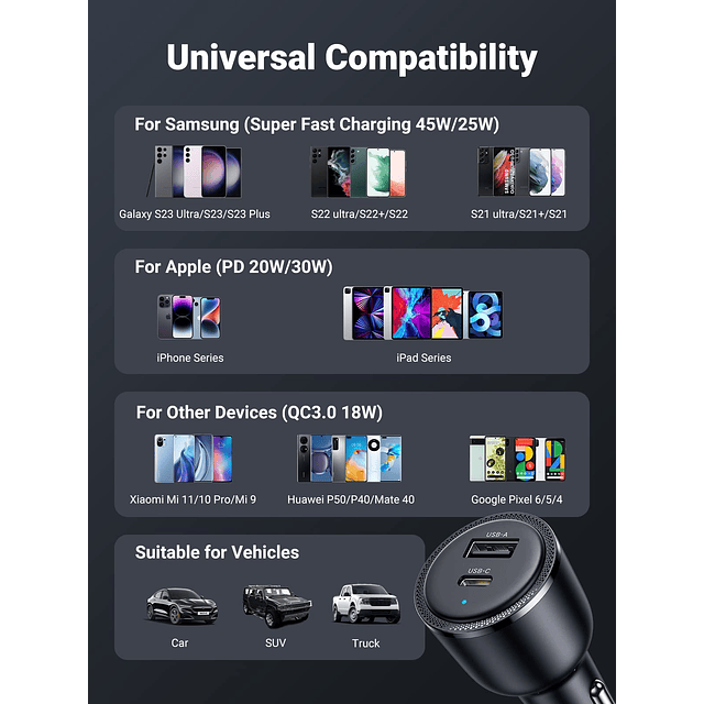 Adaptador de cargador de coche USB C de 63 W, cargador de co