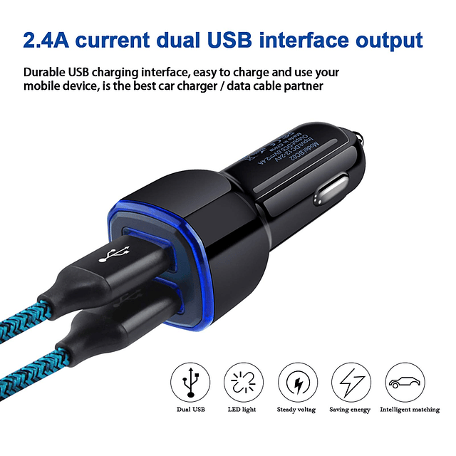 Cargador de coche USB dual con cable USB C de carga rápida c