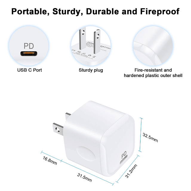 Cargador de pared Mini USB C, 20 W PD Cargador rápido USB C