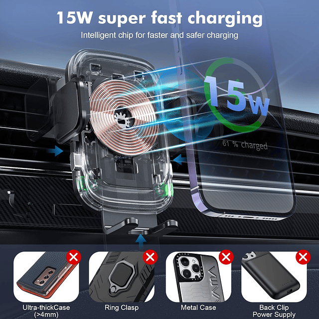 Cargador inalámbrico para montaje en automóvil 15W MAX Carga