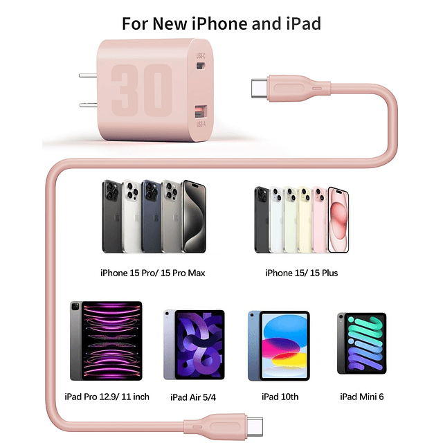 Cargador USB C GaN tipo C de 30 W para iPhone 15, bloque de