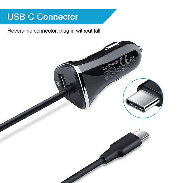 Cargador de coche USB tipo C, adaptador de coche USB de carg