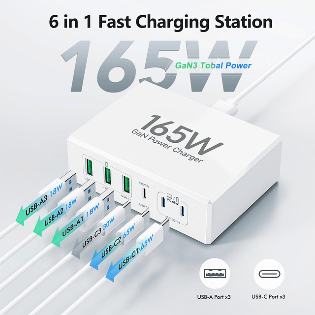 Hub de estación de carga USB C de 165 W, cargador de pared r