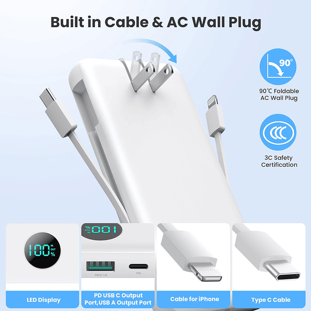 Cargador portátil de 33800 mAh USB-C con cables integrados y