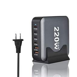 220W GaN III 6 puertos USB C Estación de carga rápida Hub Bl