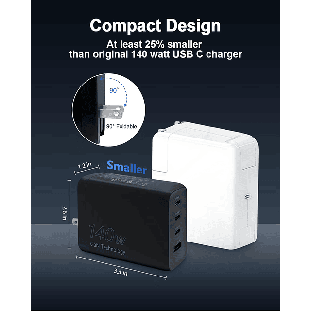 Cargador de pared USB C de 140 W, carga rápida plegable PD 3