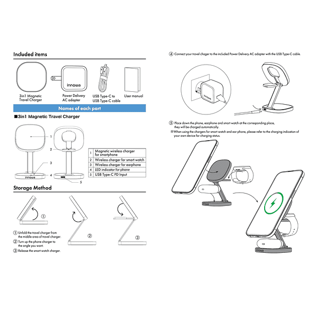 Cargador de viaje inalámbrico 3 en 1 para dispositivos Apple