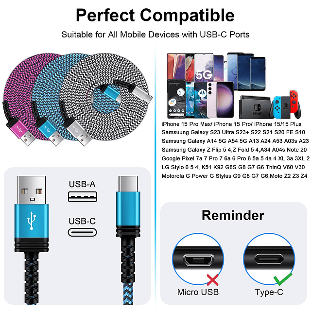 Cable cargador USB C de 6 pies/paquete de 3 para iPhone 15/1