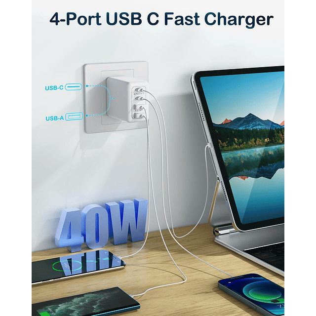 Bloque de cargador USB C de 40 W, Enchufe de pared USB C de