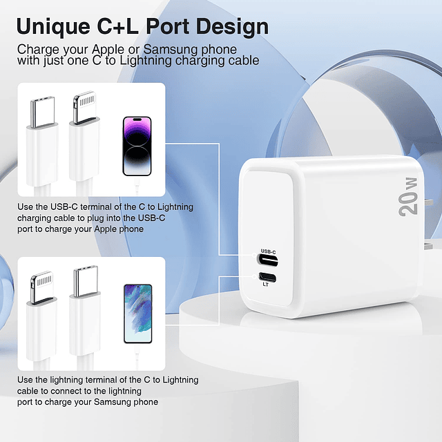 Cargador USB C- Lightning de 20 W, adaptador de cargador de