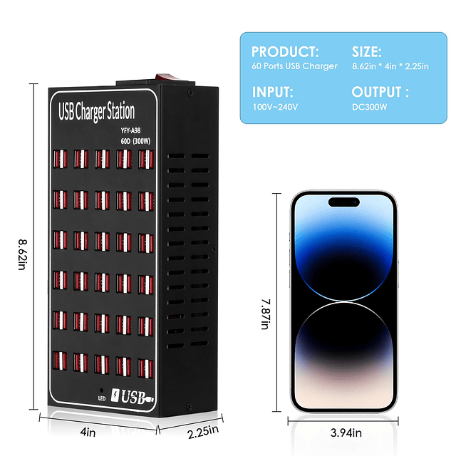 Estación de carga USB, protección inteligente de 60 puertos